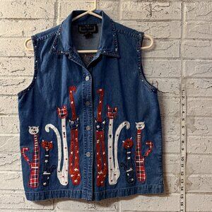 ✨ Vintage Life Style Denim Vest Patriotic Cat Appliqué USA Flag Americana ✨